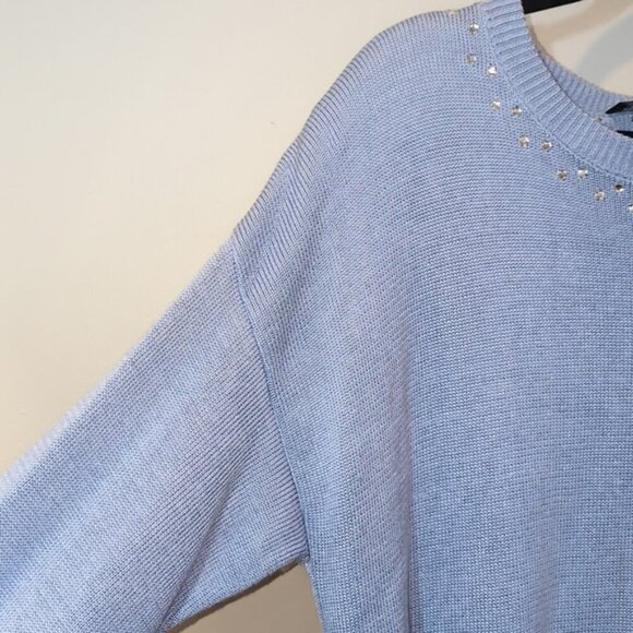Vintage 80s Jewel Neck Sweater Knit Pullover Soft Blue Embellished Tunic - Picture 6 of 16